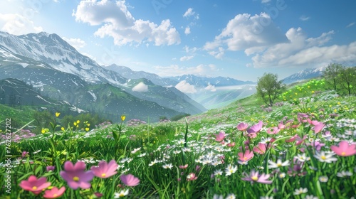 the beauty of spring in the mountains, capturing the vibrant colors of blooming flowers, lush greenery and clear blue skies.