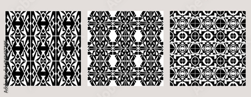 Set of 3 Oriental black and white pattern for fabric, wallpaper, flyer, business card. For use in graphics.
