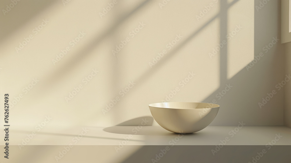 Simple bowl on a sunlit surface with soft shadows. 3D render for design and print. Minimalist still life and tranquility concept with copy space. Studio shot for wallpaper, poster Simple bowl on a sunlit surface with soft shadows. 3D render for design and print. Minimalist still life and tranquility concept with copy space. Studio shot for wallpaper, poster
