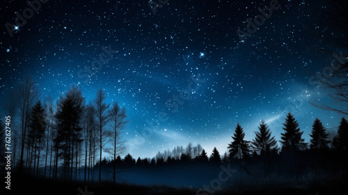 Starry night background with sparkling sky over forest edge silhouette