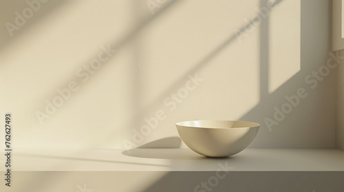 Simple bowl on a sunlit surface with soft shadows. 3D render for design and print. Minimalist still life and tranquility concept with copy space. Studio shot for wallpaper  poster