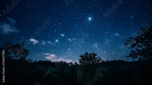 Night sky background with starry canopy over a tranquil forested mountain landscape