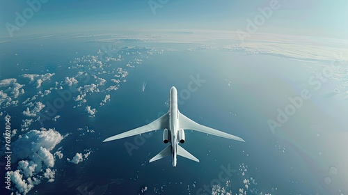 Experience the thrill of travel with a top view of a sleek white passenger jet against a vast blue sky, symbolizing global connectivity.