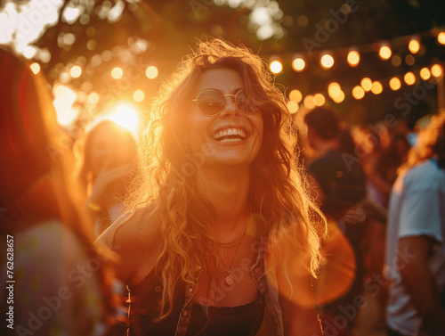 Energetic musicians playing, people swaying to the rhythm, laughter filling the air The festival grounds alive with happiness and camaraderie under the night sky