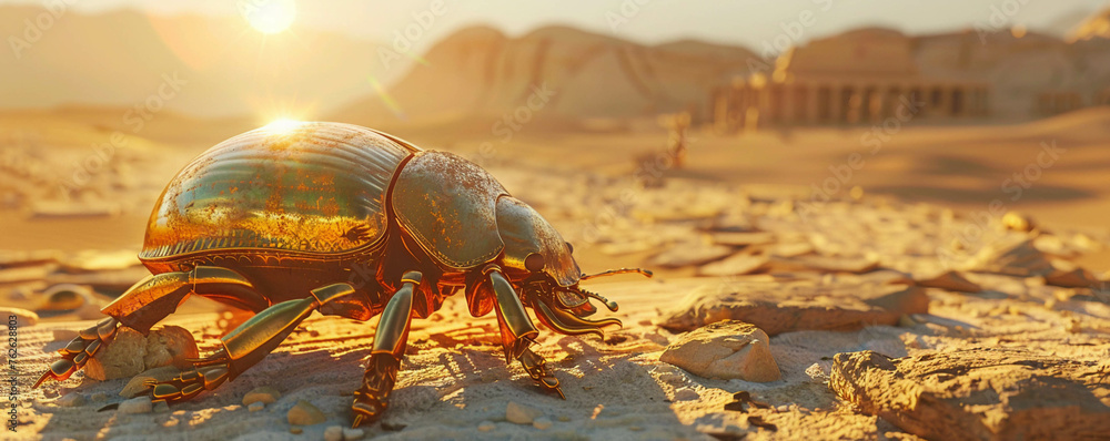 Golden Scarab, Shimmering with gold, Symbol of immortality and resurrection, Resting on ancient Egyptian ruins in a desert landscape - obrazy, fototapety, plakaty 