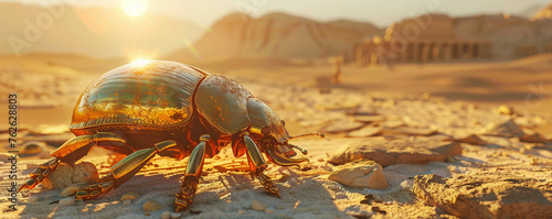 Golden Scarab, Shimmering with gold, Symbol of immortality and resurrection, Resting on ancient Egyptian ruins in a desert landscape photo