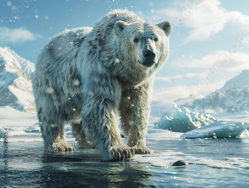 Polar Bear, Frost-covered Fur, Majestic and Powerful, Roaming the vast polar landscape with glaciers in the background, Clear skies