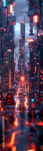Robotic Drone, Data Chips, sleek futuristic cityscape, neon lights reflecting off polished surfaces, data exchange hub, digital transactions in progress, bustling sky traffic above © Pornarun