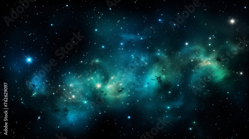 Cosmic tapestry of turquoise nebulae background with twinkling stars