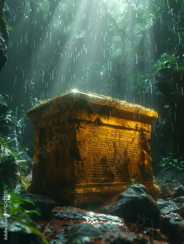 Deep within a lush jungle, the Ark of the Covenant radiates an ethereal glow, adorned with ancient scripture inscriptions.