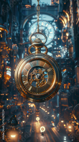 Time Traveler, pocket watch, explores temporal paradoxes within a futuristic city Three-dimensional render with Rembrandt lighting and a touch of Lens Flare
