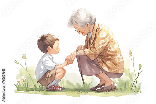 An illustration of grandmother and grandson in watercolor style.
