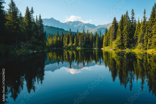 Serene Lake Reflection Amidst Forest © spyrakot