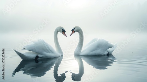 itness the serene beauty of a graceful couple of white swans gliding majestically across tranquil waters, embodying elegance and love