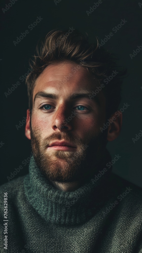 Intense Portrait of a Young Man With Beard in a Dark Room, Focused Look
