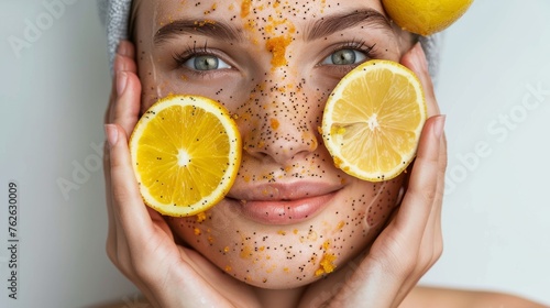 A woman applying lemon slices on her face as a natural exfoliating treatment. The fruit acids in the lemons help to brighten and rejuvenate the skin, leaving it refreshed and glowing.