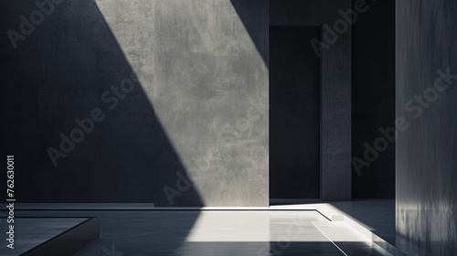 Beam of light illuminating a dark minimalist interior. 3D render for design and print. Conceptual architecture and shadow play with copy space. Studio shot highlighting contrast and texture