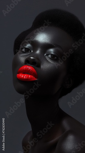 Elegant Portrait of a Woman With Striking Red Lips and Dark Skin Tone Against a Grey Background