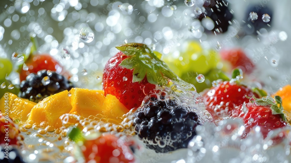 Dive into the vibrant world of freshness as an array of colorful fruits splash into the water, capturing the essence of summer's vitality Dive into the vibrant world of freshness as an array of colorful fruits splash into the water, capturing the essence of summer's vitality