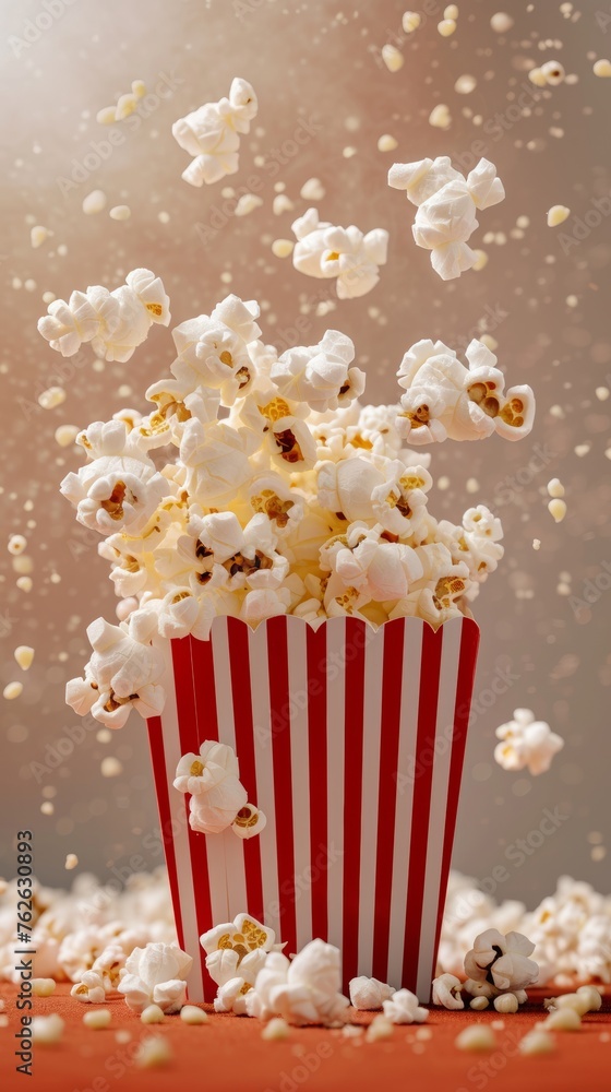Overturned Red and White Striped Popcorn Box Spilling Fresh Popcorn Overturned Red and White Striped Popcorn Box Spilling Fresh Popcorn