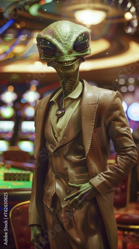 Suited Alien Mannequin Display at a Themed Casino Event During the Evening