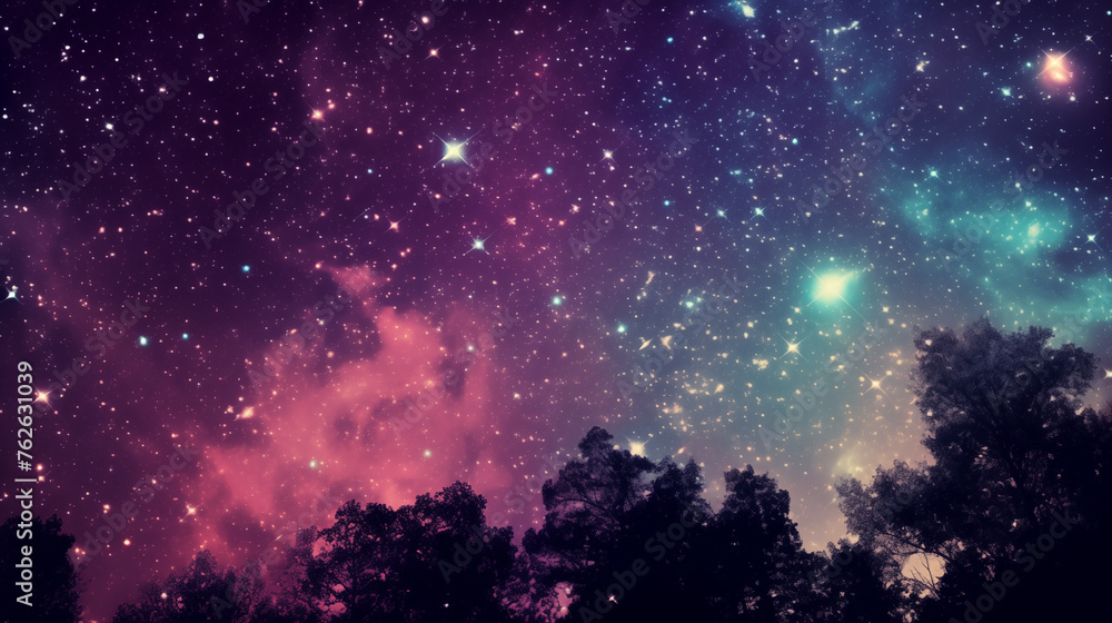 Starry night background with mystical nebula over forest silhouette Starry night background with mystical nebula over forest silhouette