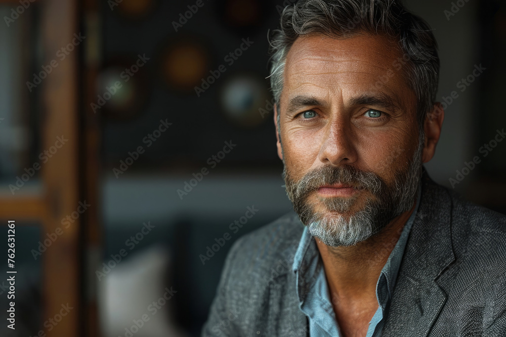 A man with a beard and gray hair is wearing a suit and standing in front of a wall. 45 years old professional man good looking, posing for the presentation picture A man with a beard and gray hair is wearing a suit and standing in front of a wall. 45 years old professional man good looking, posing for the presentation picture