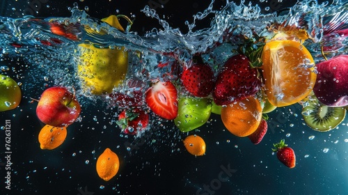 Dive into the vibrant world of freshness as an array of colorful fruits splash into the water, capturing the essence of summer's vitality © pvl0707