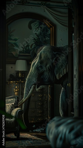 Elephant Standing in Room Next to Chair