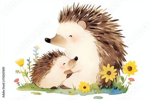 An illustartion of mother and baby hengehog in watercolor style. photo