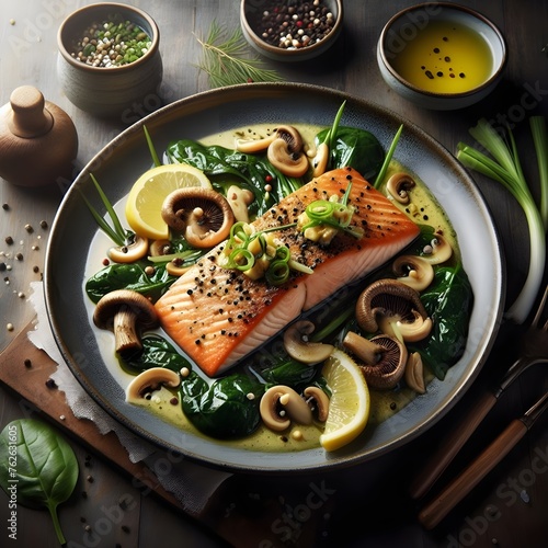 Delicious Salmon with Garlicky Spinach and Savory Mushrooms