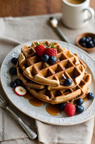 Stack of Fluffy Waffles Topped with Fresh Berries and Syrup