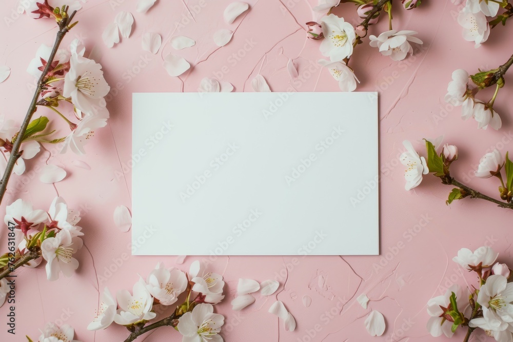 Invitation card mock up on pink rough textured surface background with white flowers