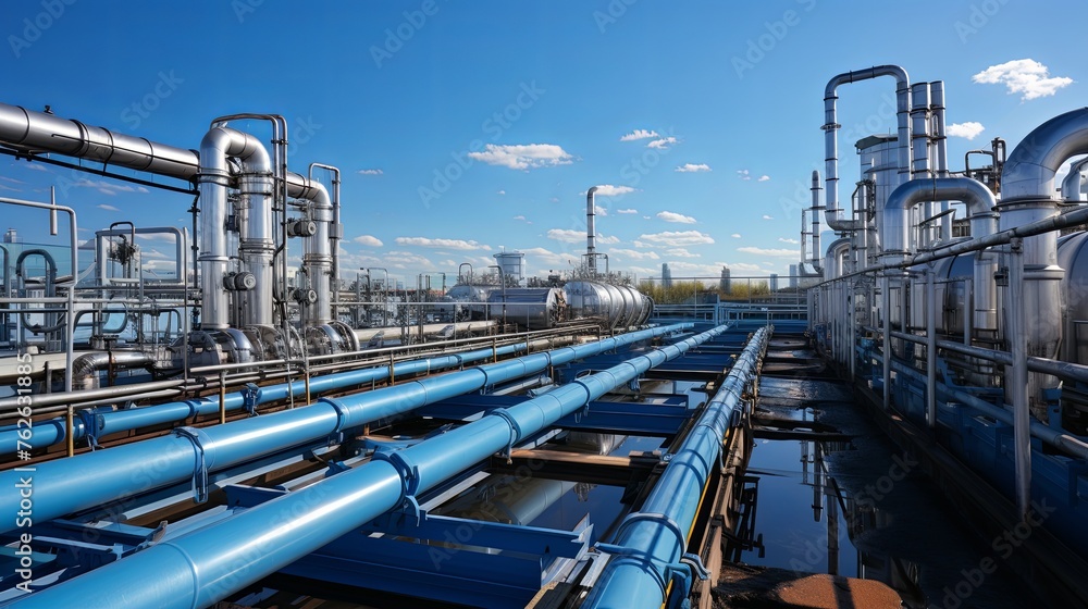 Gas pipelines, valves at a distribution station, a natural gas pumping and processing plant, an industrial image with a place for text, Generative AI. Gas pipelines, valves at a distribution station, a natural gas pumping and processing plant, an industrial image with a place for text, Generative AI.