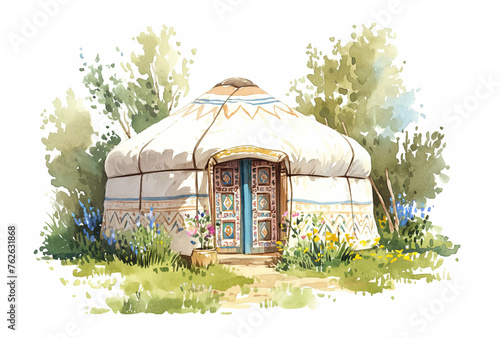 An illustration of yurt in watercolor style photo