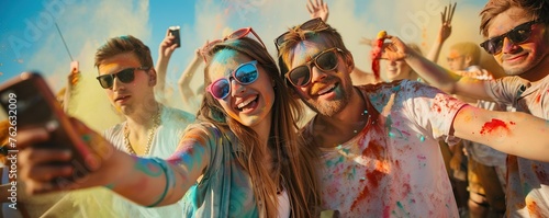 Group of happy men and women taking selfie photos with colorful dust splashes outdoors