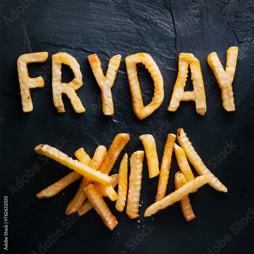 FRYDAY sign (Friday), written in french fries on black background. Fun play on words for restaurant or menu concept. Greeting card or poster. photo