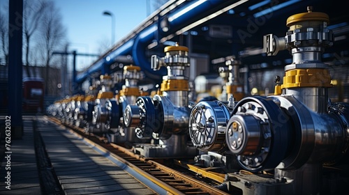 Gas pipelines, valves at a distribution station, a natural gas pumping and processing plant, an industrial image with a place for text, Generative AI.