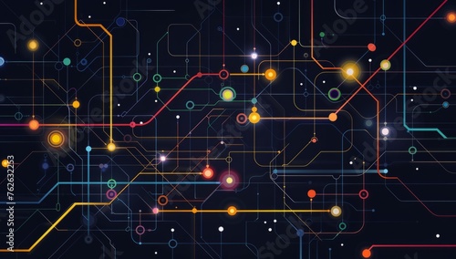 Abstract flat background with colorful lines and dots on black, simple geometric shapes forming an illuminated subway map pattern Generative AI photo