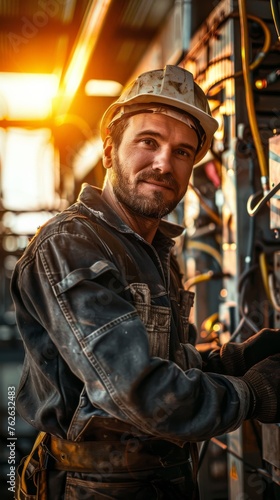 A man wearing a hard hat is focused on operating a machine in a realistic industrial setting. He is engaged in the technical process, displaying expertise and concentration.