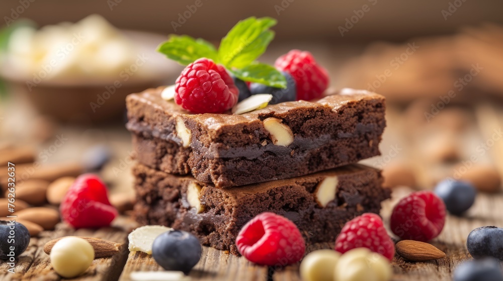 Chocolate brownies with raspberries, blueberries and almonds Chocolate brownies with raspberries, blueberries and almonds