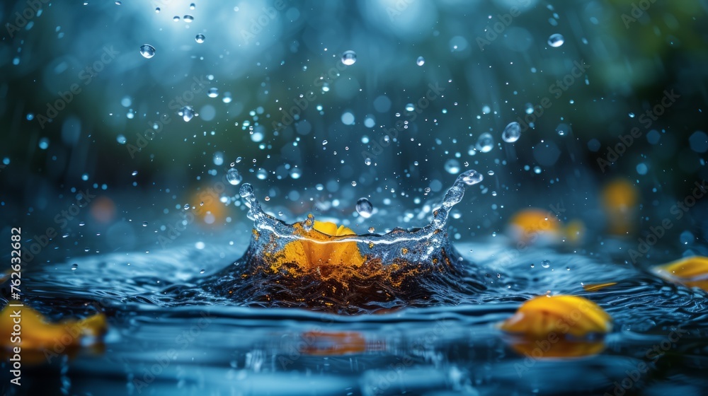 Dynamic illustration of raindrops splashing against a water surface