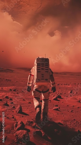 Astronaut Exploring the Rocky Terrain of Mars Under a Hazy Pink Sky