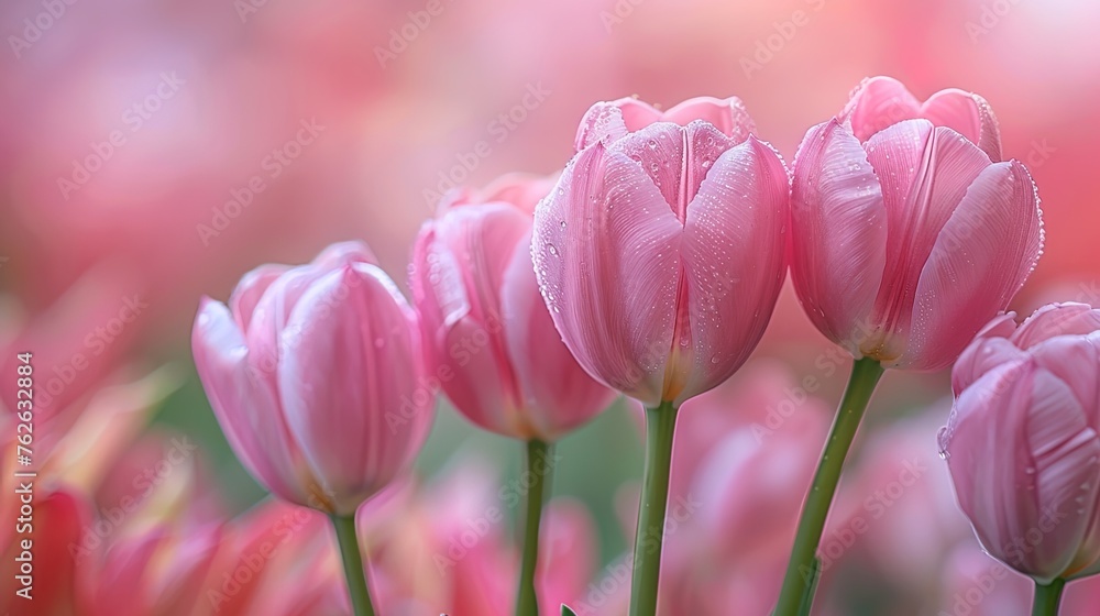 Artistic macro shot showcasing the softness and beauty of pink tulip buds, enhanced by a subtle fo