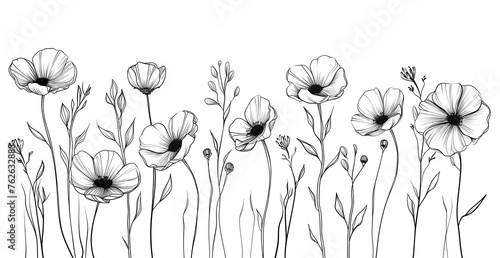 Hand drawn blooming flowers and butterflies on blank background. Black and white wildflowers and insects. Monochrome elegant floral composition in vintage style. Generative Ai
