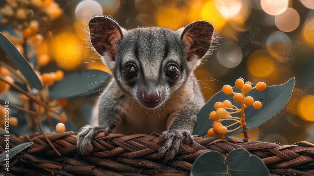  Small animal perched atop wicker basket, adjacent to tree limb laden with orange berries