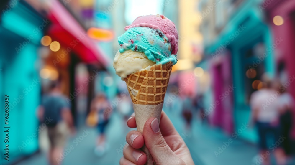 Close up of tasty ice cream with berries in waffle cones on blurred background, colorful flavorsv