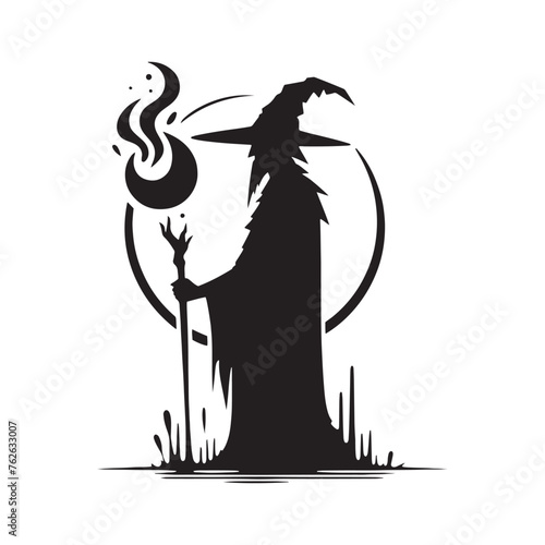 Vector Wizard Silhouettes Conjuring Magic and Mystery with Every Gesture, wizard black illustration.