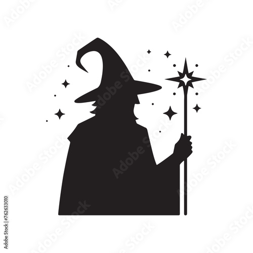 Vector Wizard Silhouettes Conjuring Magic and Mystery with Every Gesture, wizard black illustration.