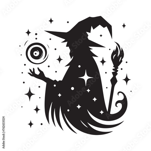 Vector Wizard Silhouettes Conjuring Magic and Mystery with Every Gesture, wizard black illustration.